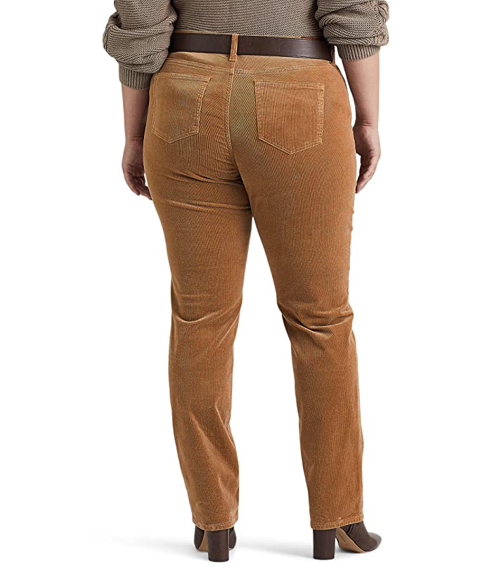 Calça reta Ralph Lauren feminina de veludo cotelê, cintura média, marrom, tamanho 16W