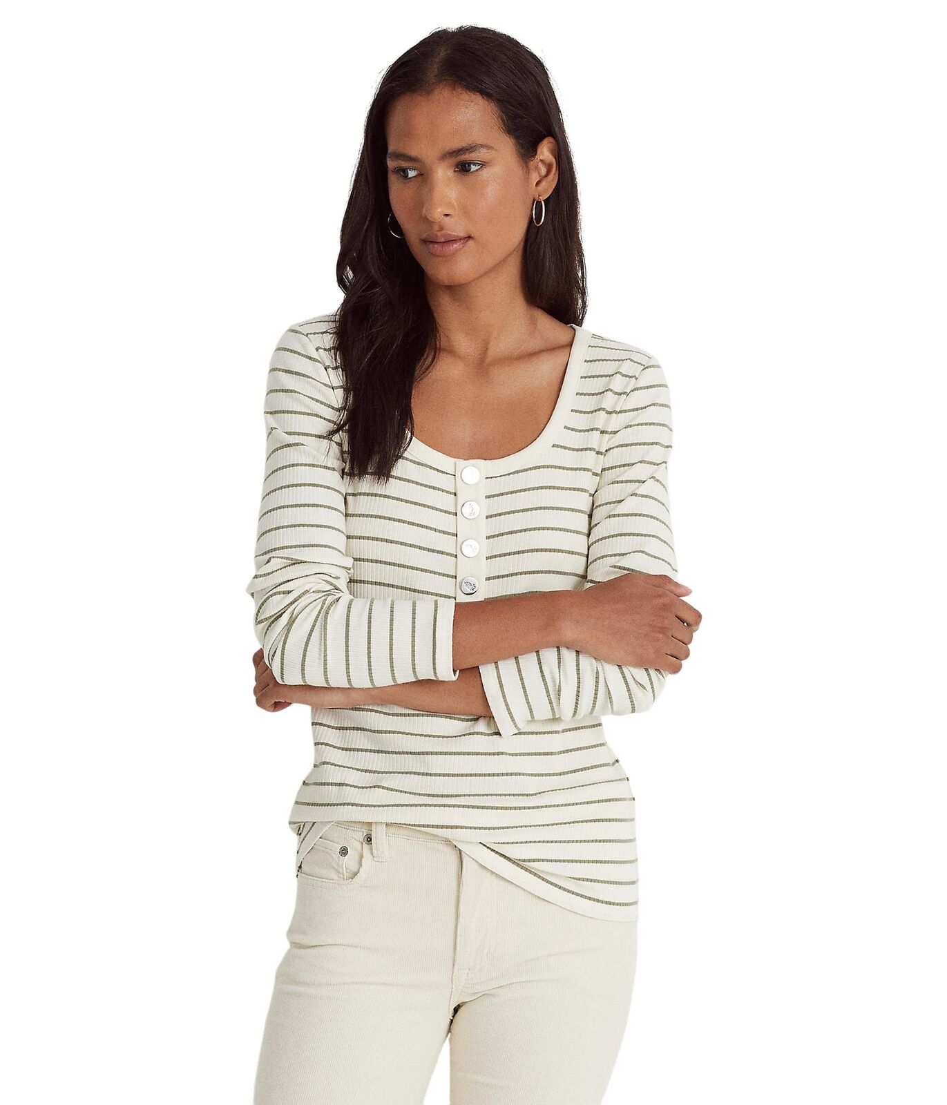 Ralph Lauren Camiseta Henley Listrada Feminina Marrom Tamanho X-G