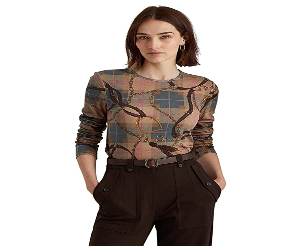 Camiseta Ralph Lauren Feminina Xadrez Algodão Elástico Manga Longa Marrom Tamanho Grande