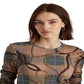 Camiseta Ralph Lauren Feminina Xadrez Algodão Elástico Manga Longa Marrom Tamanho Grande