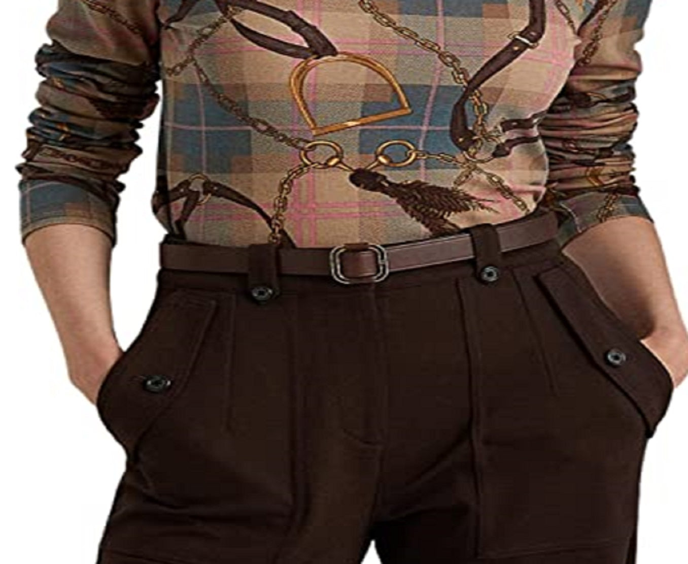 Camiseta Ralph Lauren Feminina Xadrez Algodão Elástico Manga Longa Marrom Tamanho Grande