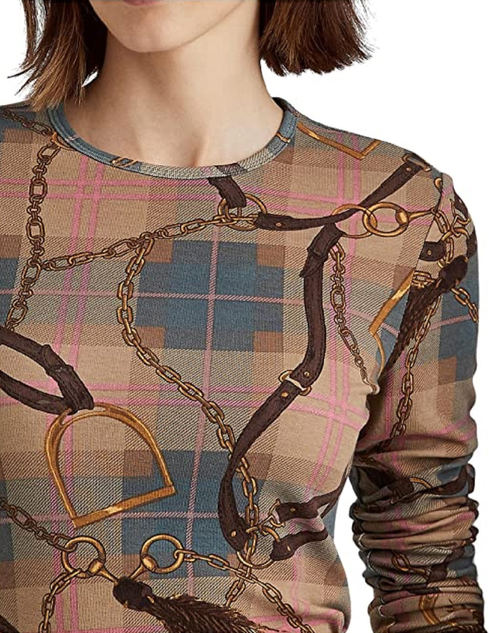 Camiseta Ralph Lauren Feminina Xadrez Algodão Elástico Manga Longa Marrom Tamanho P