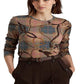 Camiseta Ralph Lauren Feminina Xadrez Algodão Elástico Manga Longa Marrom Tamanho XG