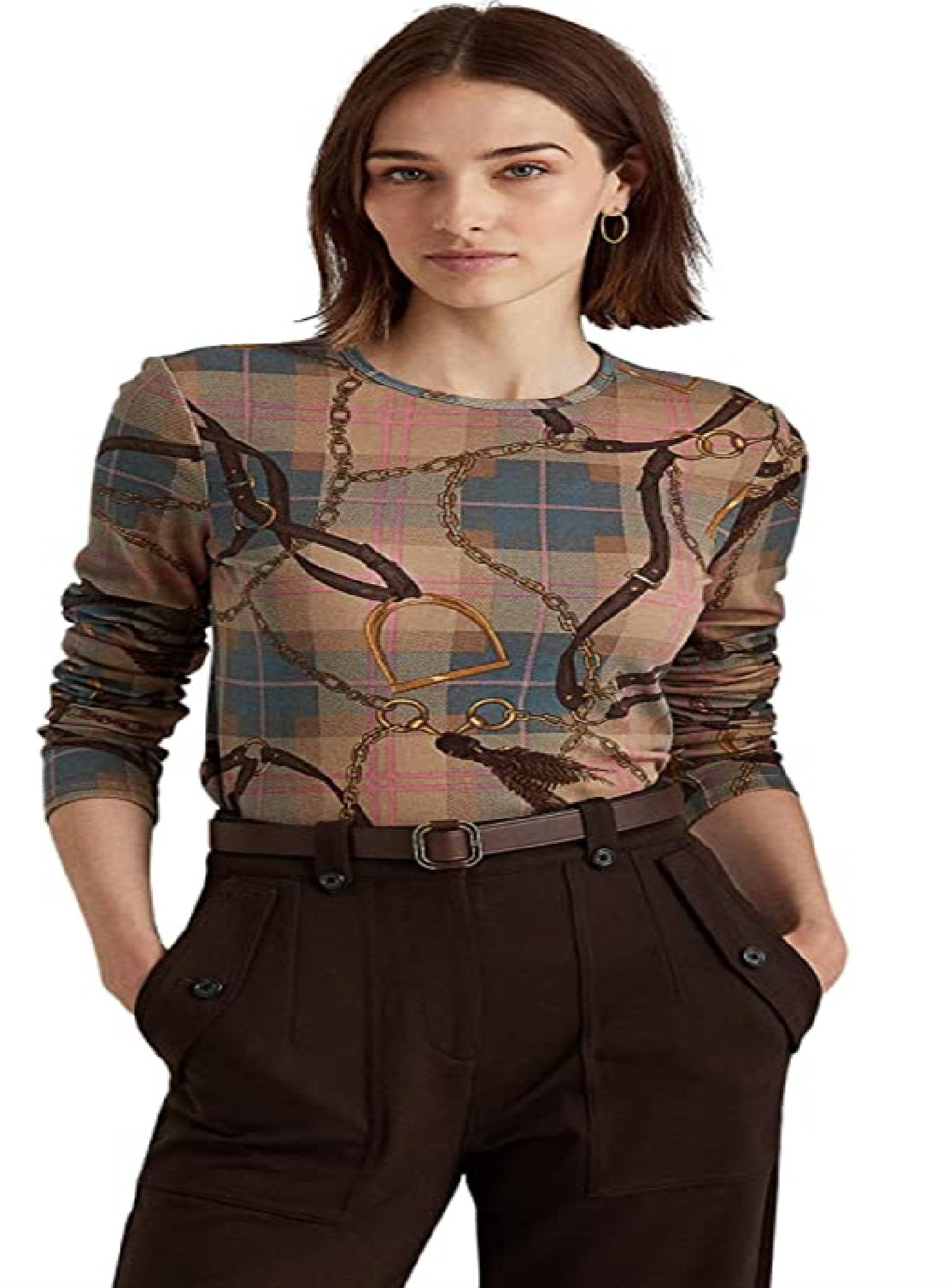 Camiseta Ralph Lauren Feminina Xadrez Algodão Elástico Manga Longa Marrom Tamanho XG