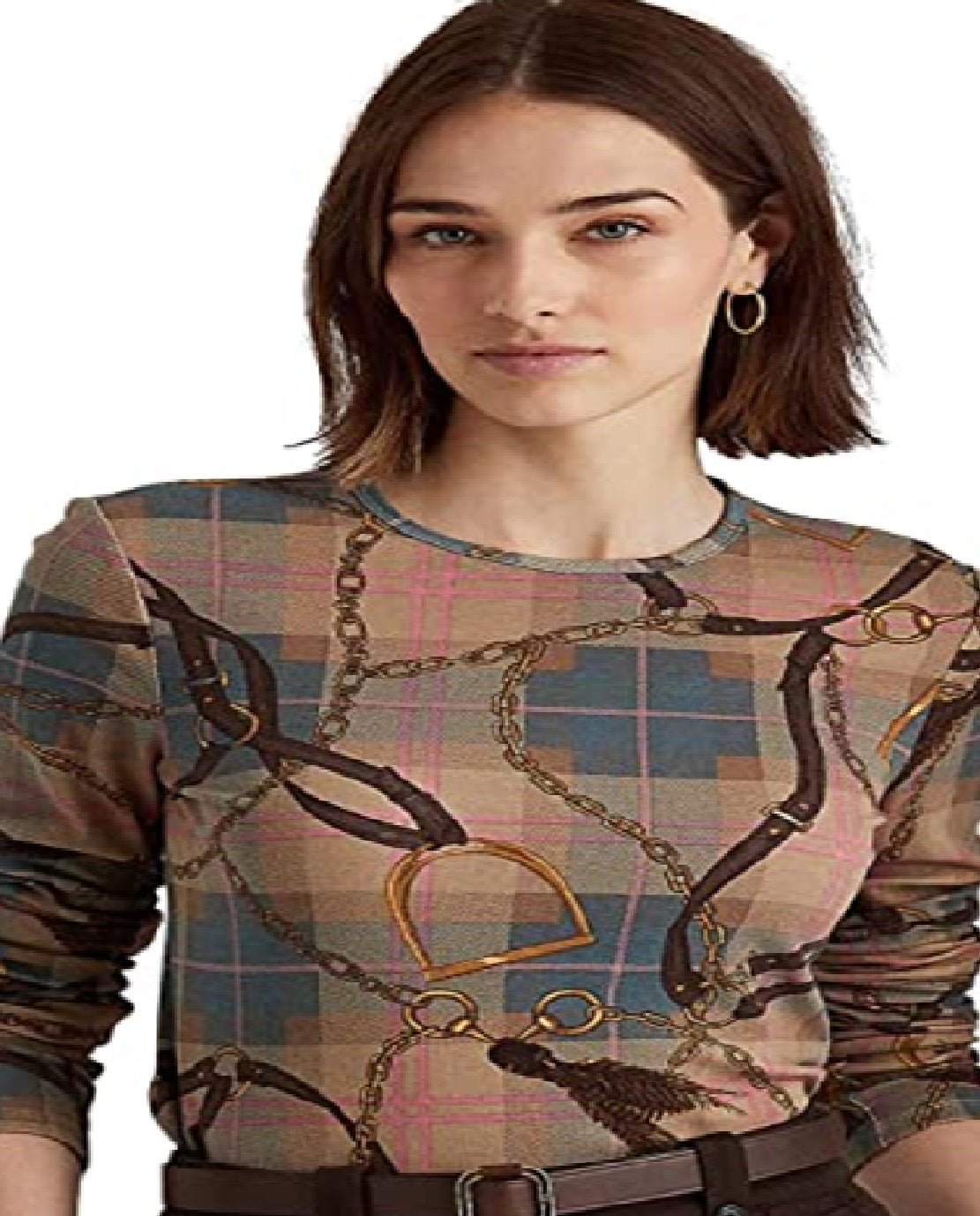 Camiseta Ralph Lauren Feminina Xadrez Algodão Elástico Manga Longa Marrom Tamanho XG