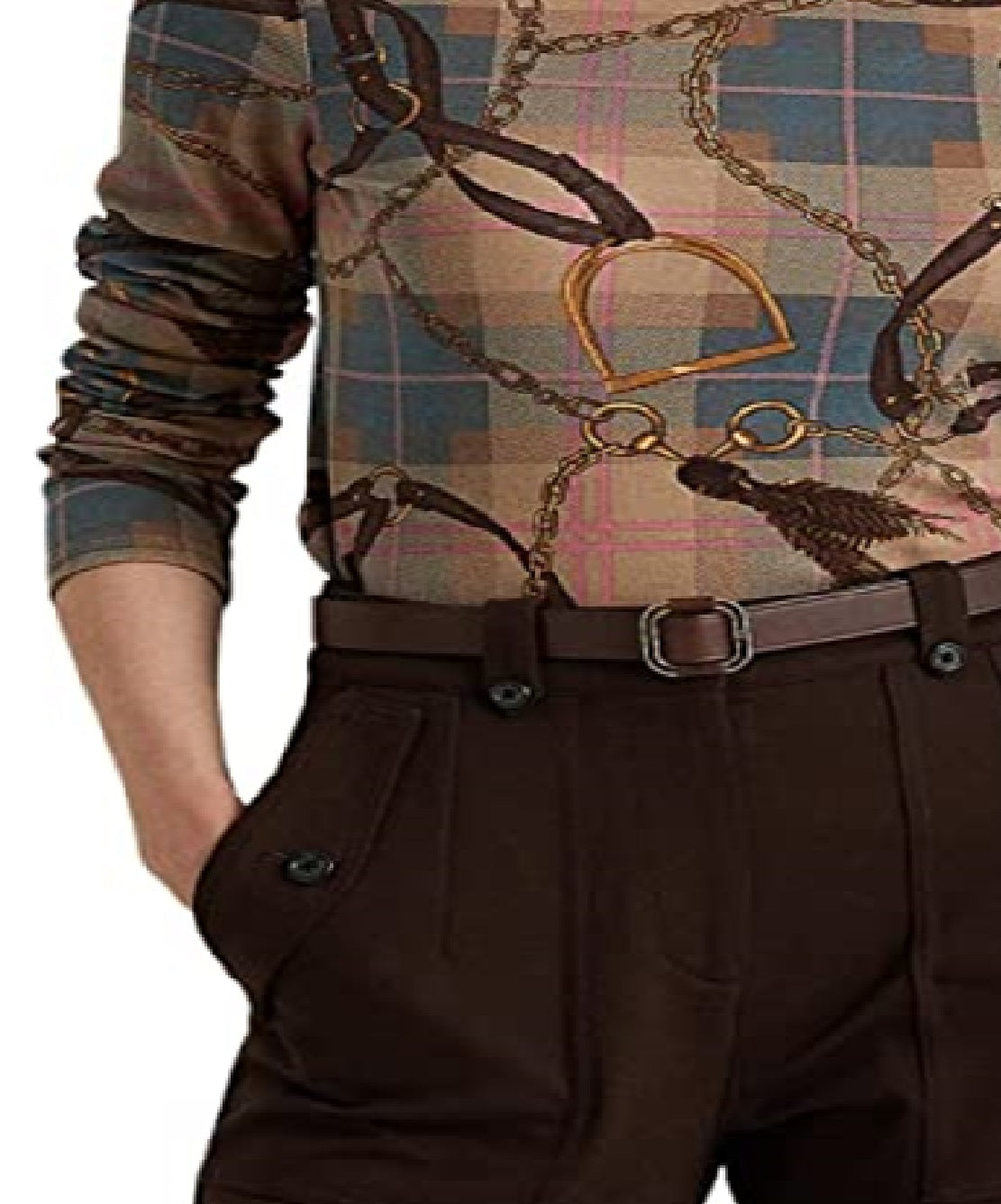 Camiseta Ralph Lauren Feminina Xadrez Algodão Elástico Manga Longa Marrom Tamanho XG