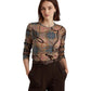 Camiseta Ralph Lauren Feminina Xadrez Algodão Elástico Manga Longa Marrom Tamanho XS