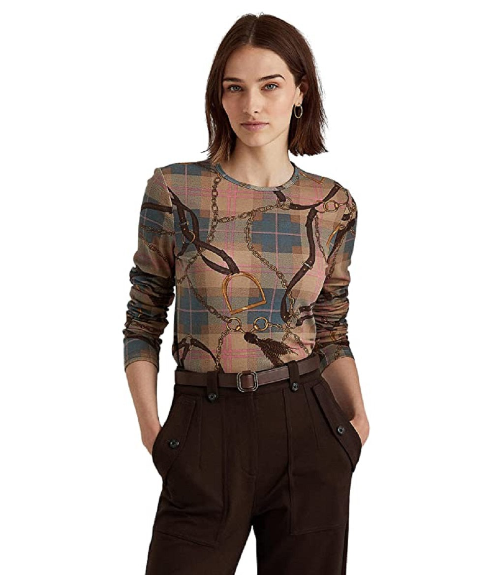 Camiseta Ralph Lauren Feminina Xadrez Algodão Elástico Manga Longa Marrom Tamanho XS