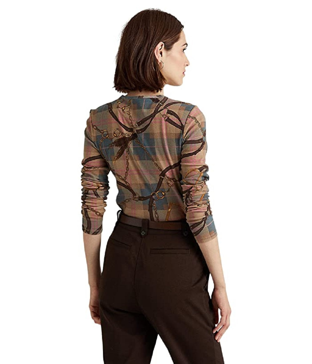 Camiseta Ralph Lauren Feminina Xadrez Algodão Elástico Manga Longa Marrom Tamanho XS