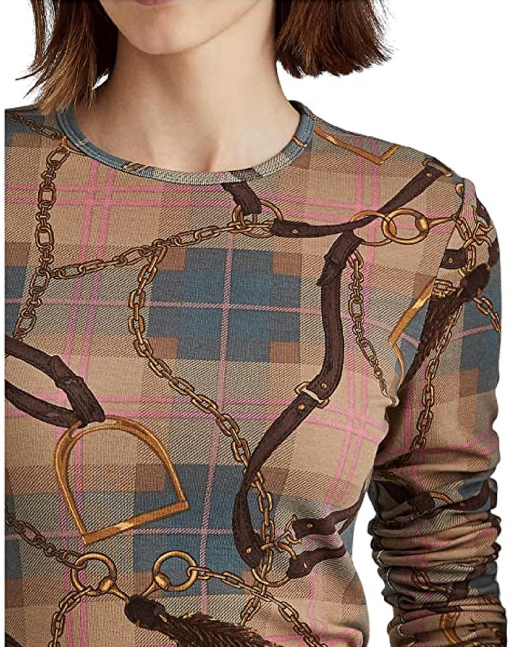 Camiseta Ralph Lauren Feminina Xadrez Algodão Elástico Manga Longa Marrom Tamanho XS