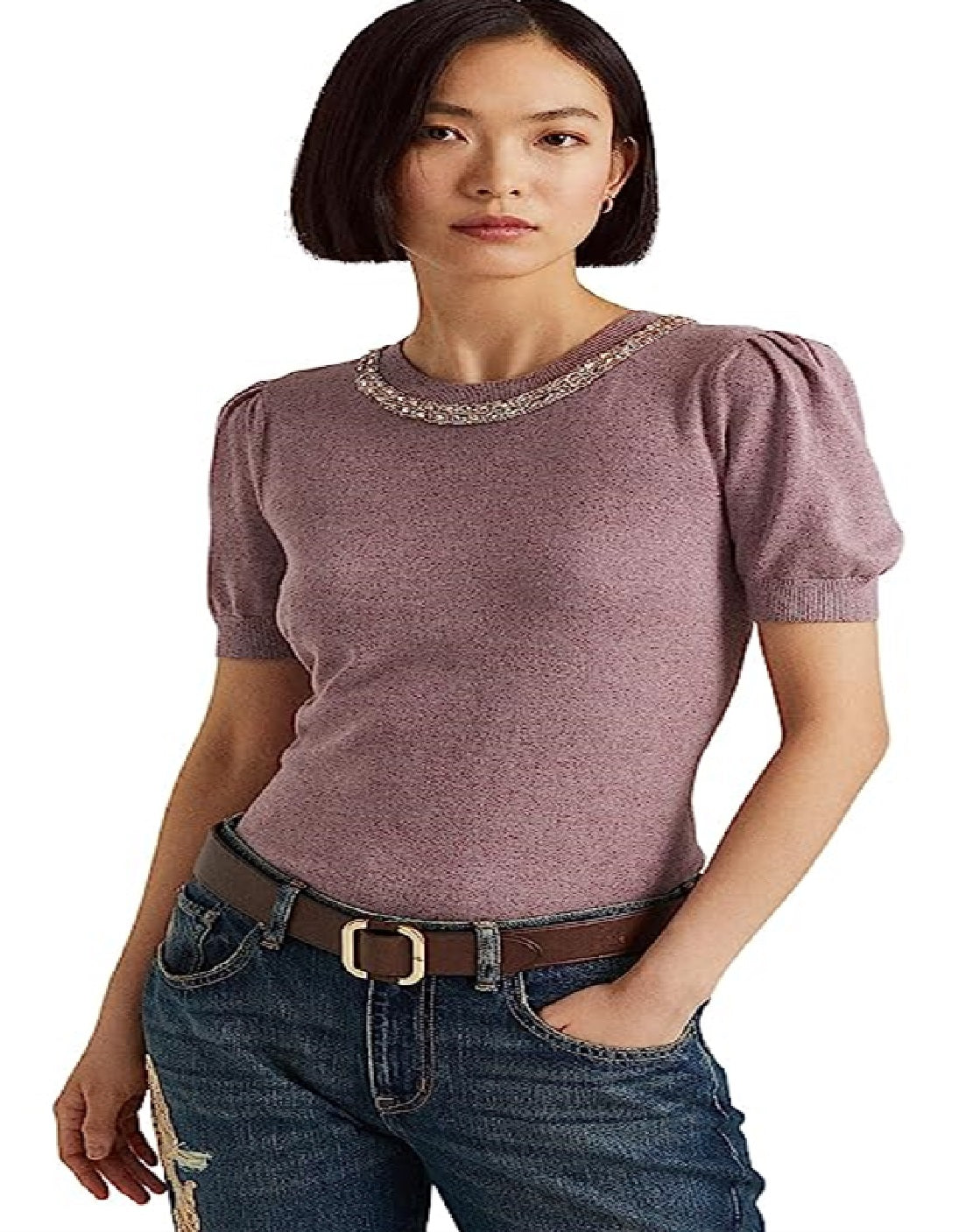 Suéter Ralph Lauren Feminino Manga Curta com Contas Roxo Tamanho Grande