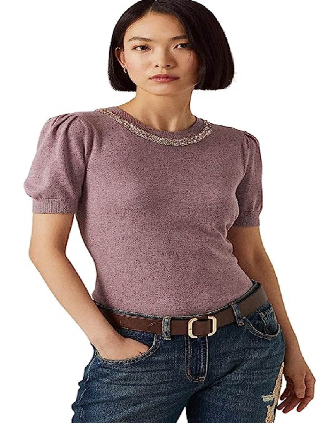 Suéter Ralph Lauren Feminino Manga Curta com Contas Roxo Tamanho Grande