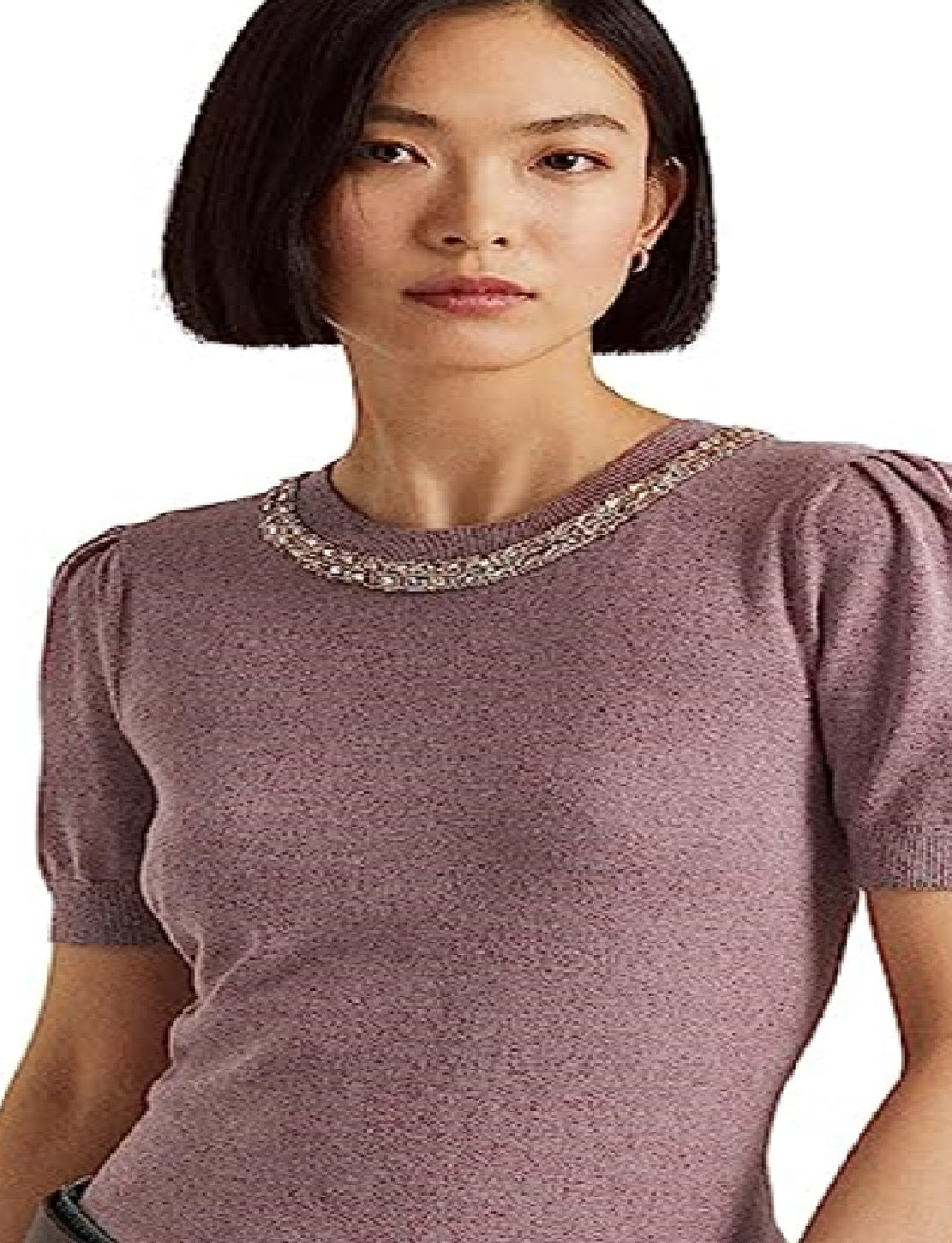 Suéter Ralph Lauren Feminino Manga Curta com Contas Roxo Tamanho Grande