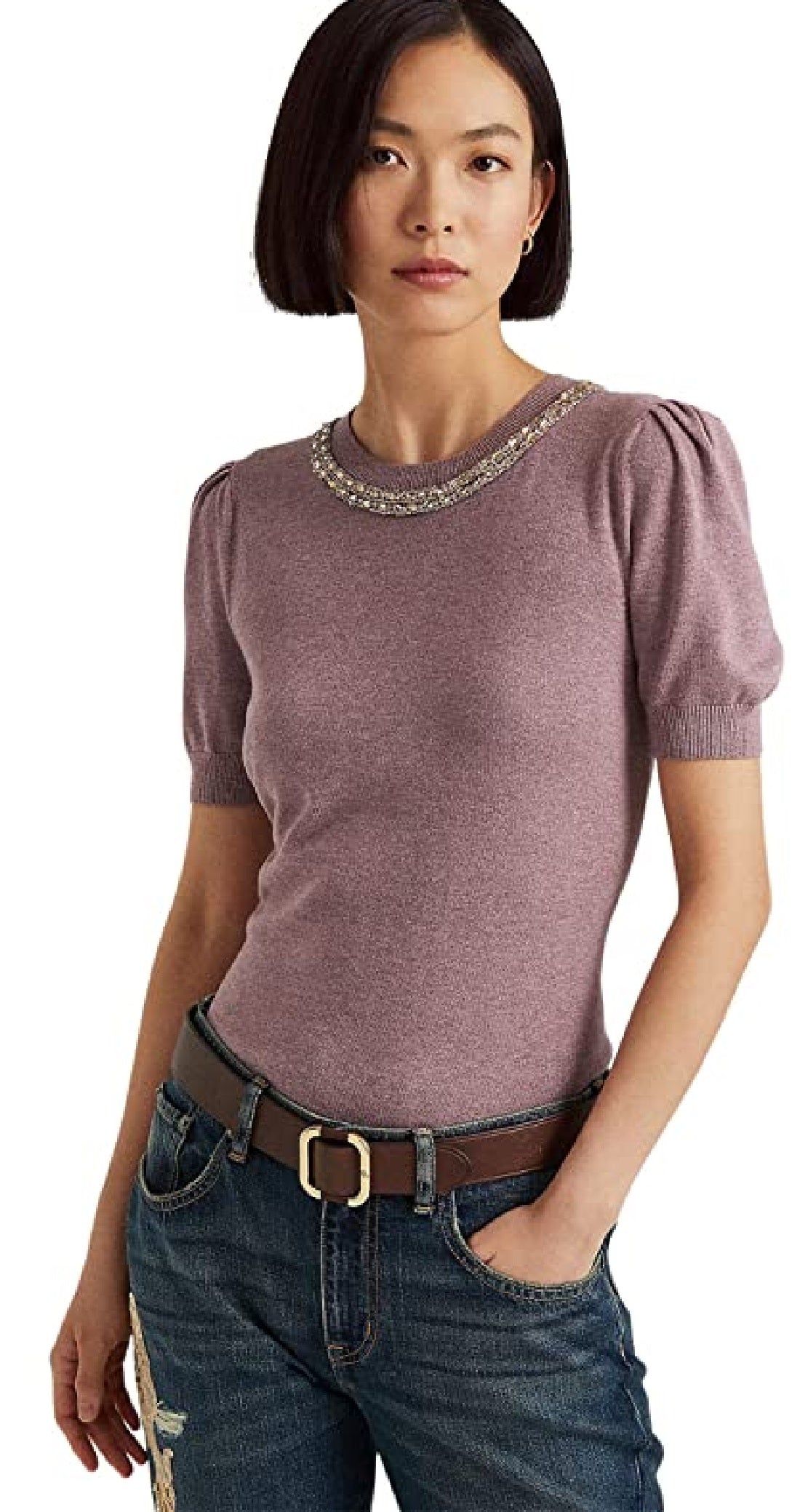 Suéter Ralph Lauren Feminino Manga Curta com Contas Roxo Tamanho Médio