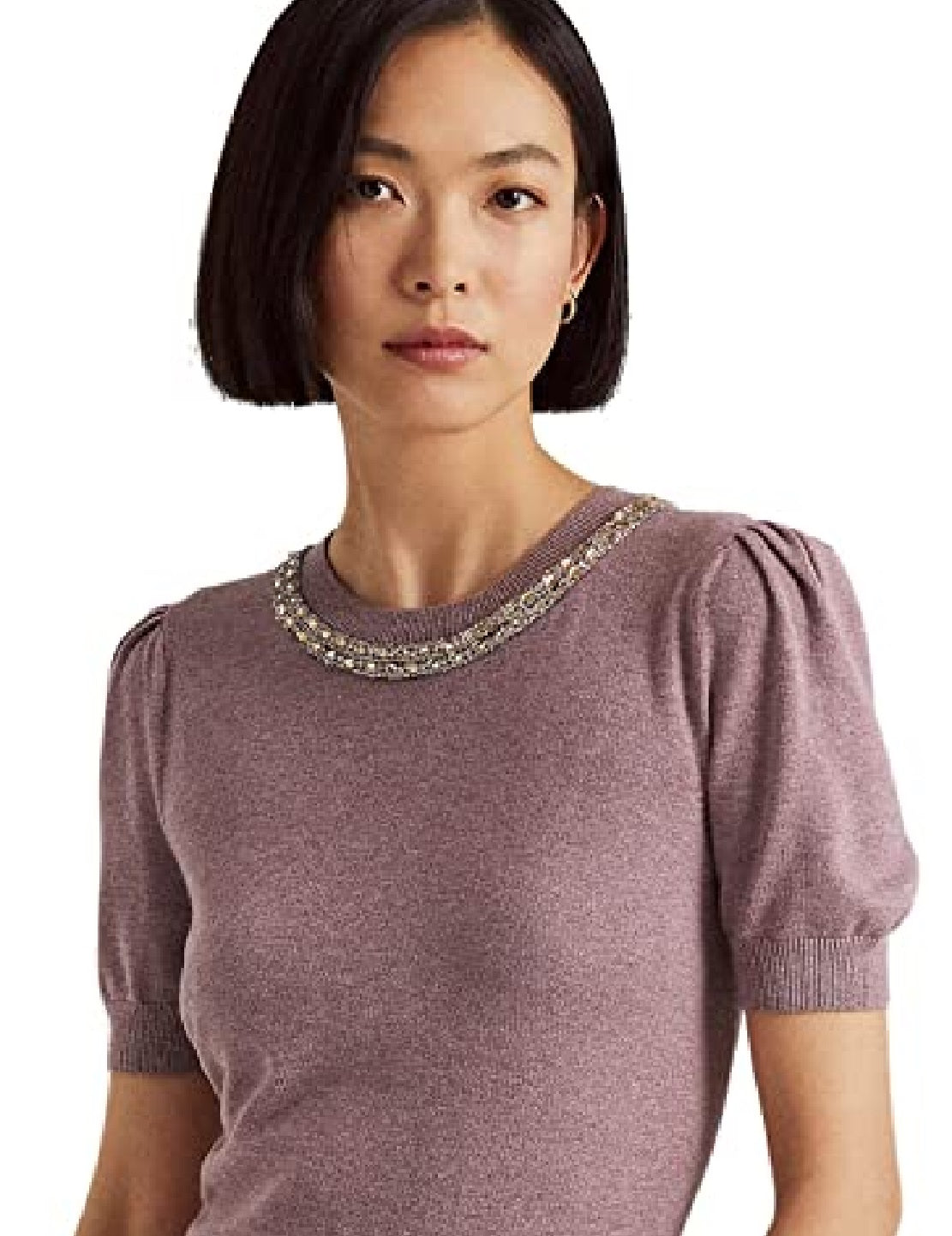 Suéter Ralph Lauren Feminino Manga Curta com Contas Roxo Tamanho Médio