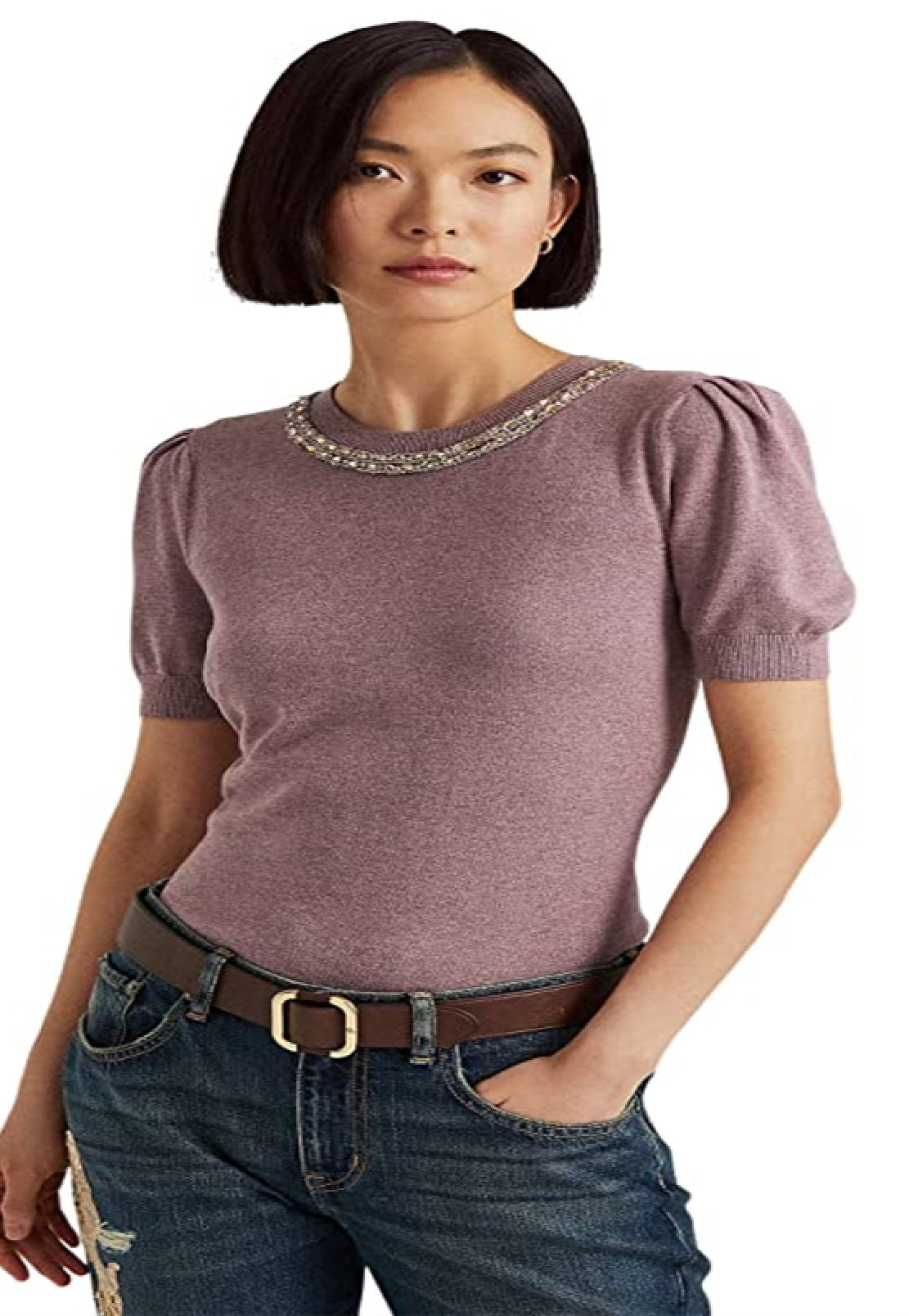 Suéter Ralph Lauren Feminino Manga Curta com Contas Roxo Tamanho X-G