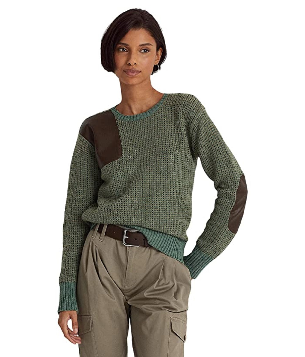 Suéter Ralph Lauren Feminino com Acabamento em Couro Sintético e Mistura de Lã, Tamanhos Variados, Extra Grande