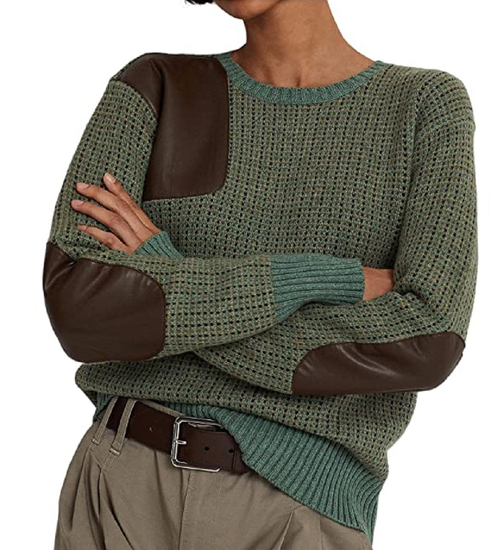 Suéter Ralph Lauren Feminino com Acabamento em Couro Sintético e Mistura de Lã, Tamanhos Variados, Extra Grande