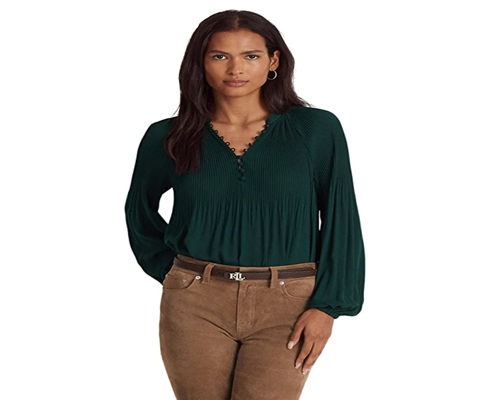Blusa plissada feminina Ralph Lauren Georgette verde tamanho médio