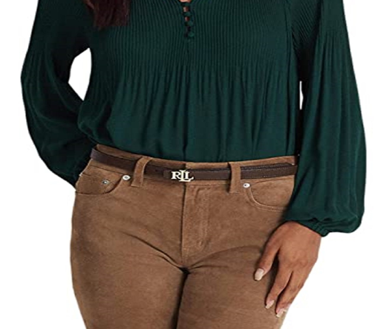 Blusa plissada feminina Ralph Lauren Georgette verde tamanho médio