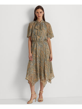 Vestido midi com estampa paisley e manga curta Ralph Lauren feminino, tamanho 10, branco, para usar no trabalho