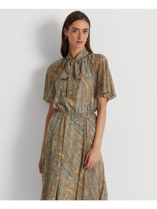 Vestido midi com estampa paisley e manga curta Ralph Lauren feminino, tamanho 10, branco, para usar no trabalho