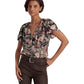 Blusa Ralph Lauren Feminina Floral Metálica Jacquard Manga Curta Marrom Tamanho Grande