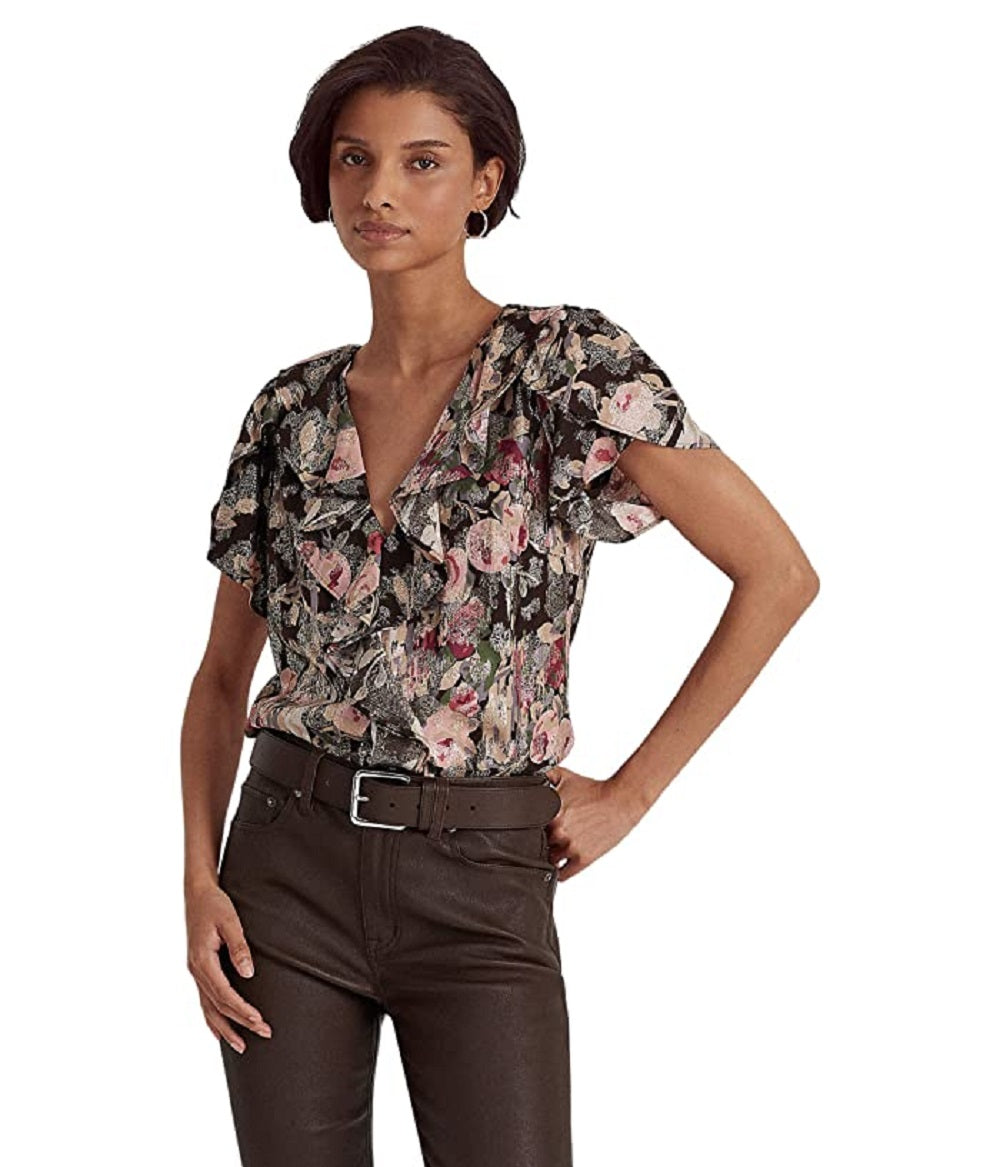 Blusa Ralph Lauren Feminina Floral Metálica Jacquard Manga Curta Marrom Tamanho Grande