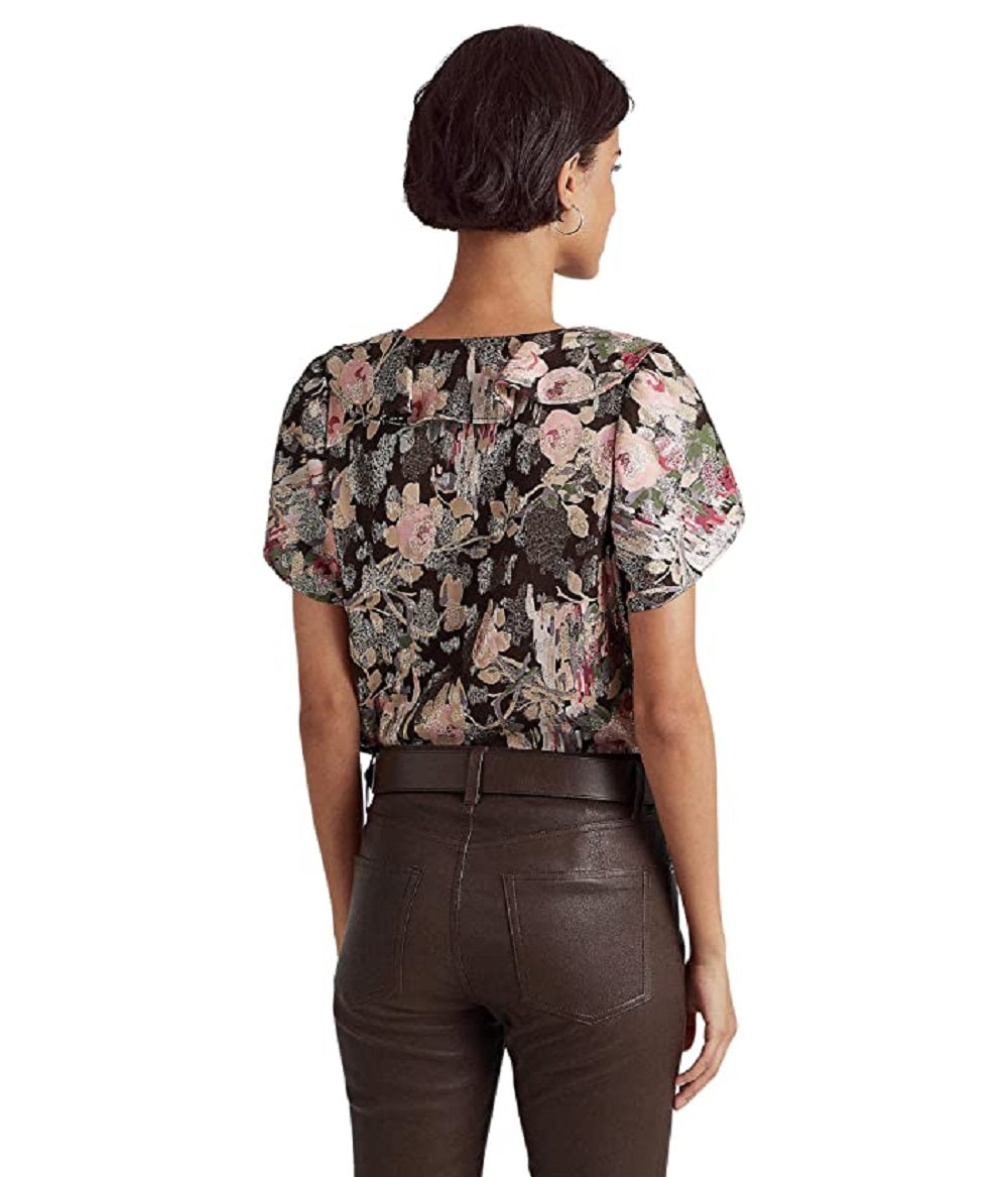 Blusa Ralph Lauren Feminina Floral Metálica Jacquard Manga Curta Marrom Tamanho Grande