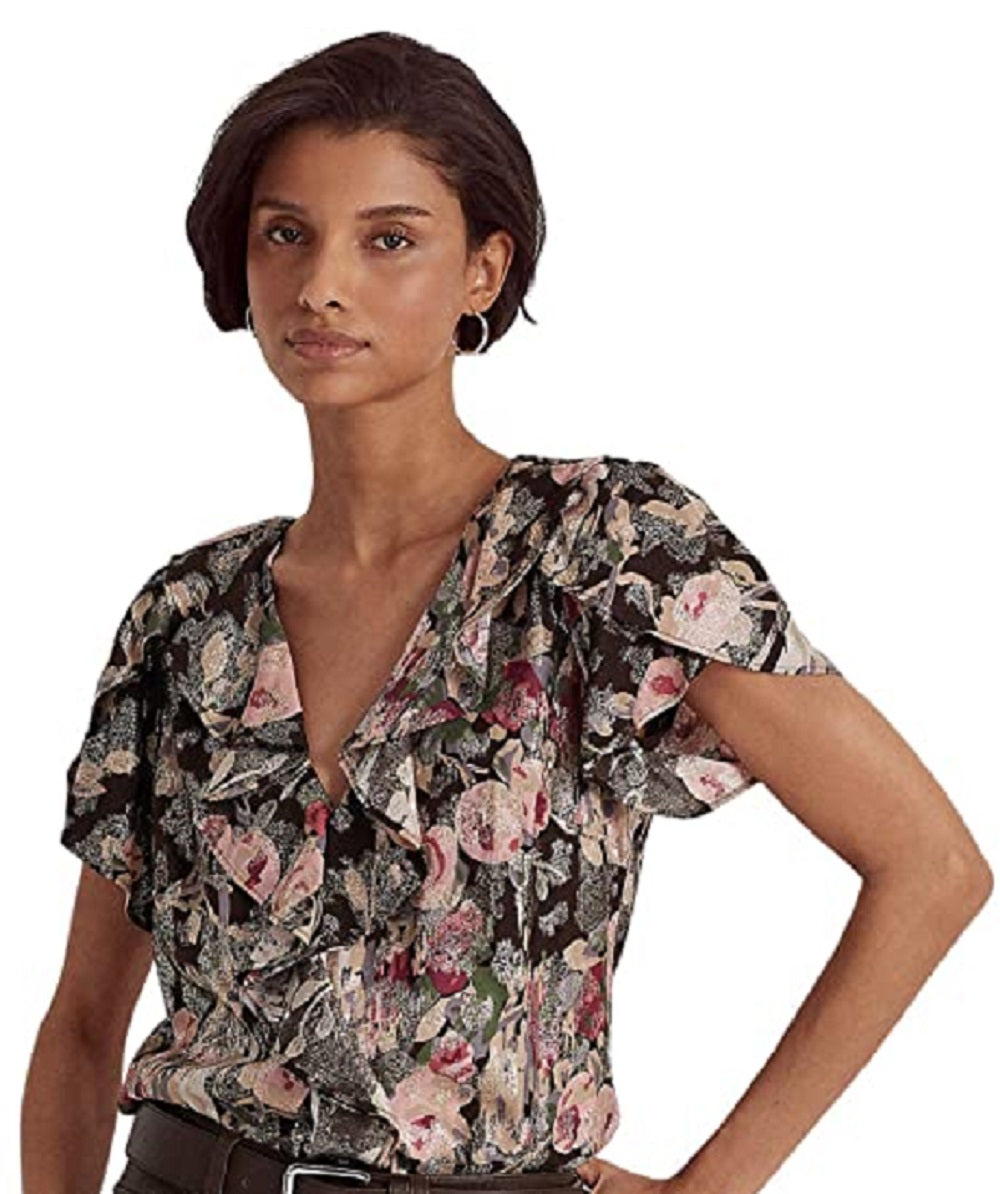 Blusa Ralph Lauren Feminina Floral Metálica Jacquard Manga Curta Marrom Tamanho Grande