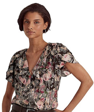 Ralph Lauren Women's Floral Metallic Jacquard Short Sleeve Blouse Brown Size X-Large