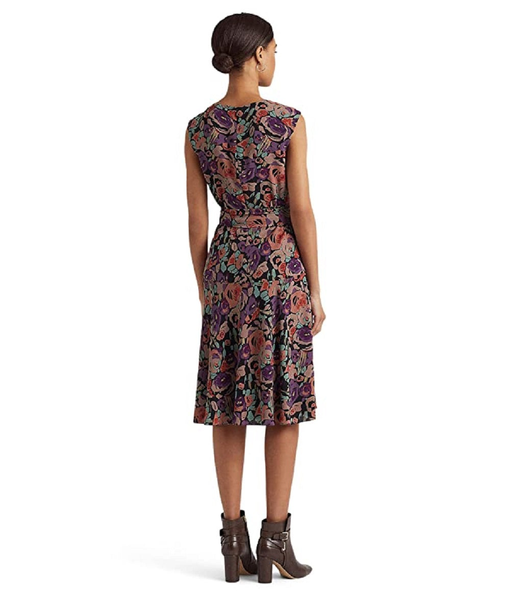 Vestido de crepe com cinto floral Ralph Lauren feminino, preto, tamanho 10
