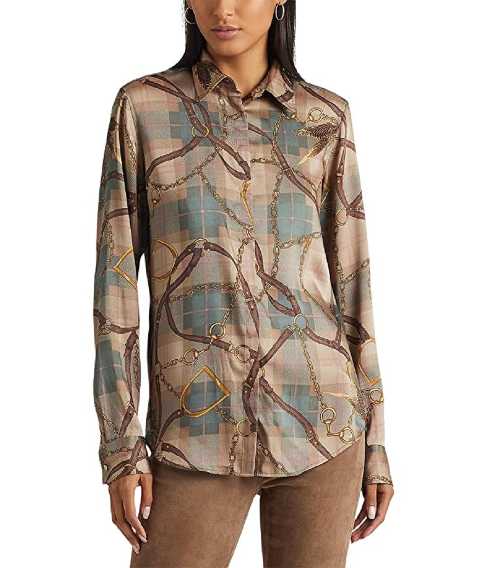 Camisa de sarja com estampa xadrez e cinto Ralph Lauren feminina, marrom, tamanho médio