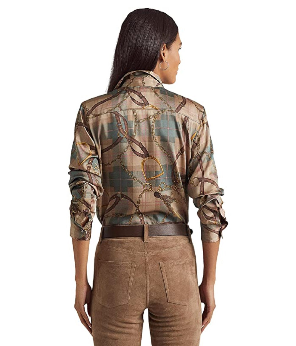 Camisa de sarja com estampa xadrez e cinto Ralph Lauren feminina, marrom, tamanho médio
