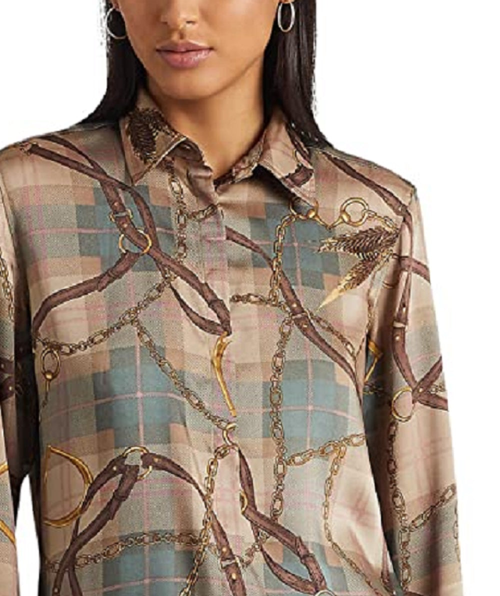 Camisa de sarja com estampa xadrez e cinto Ralph Lauren feminina, marrom, tamanho médio