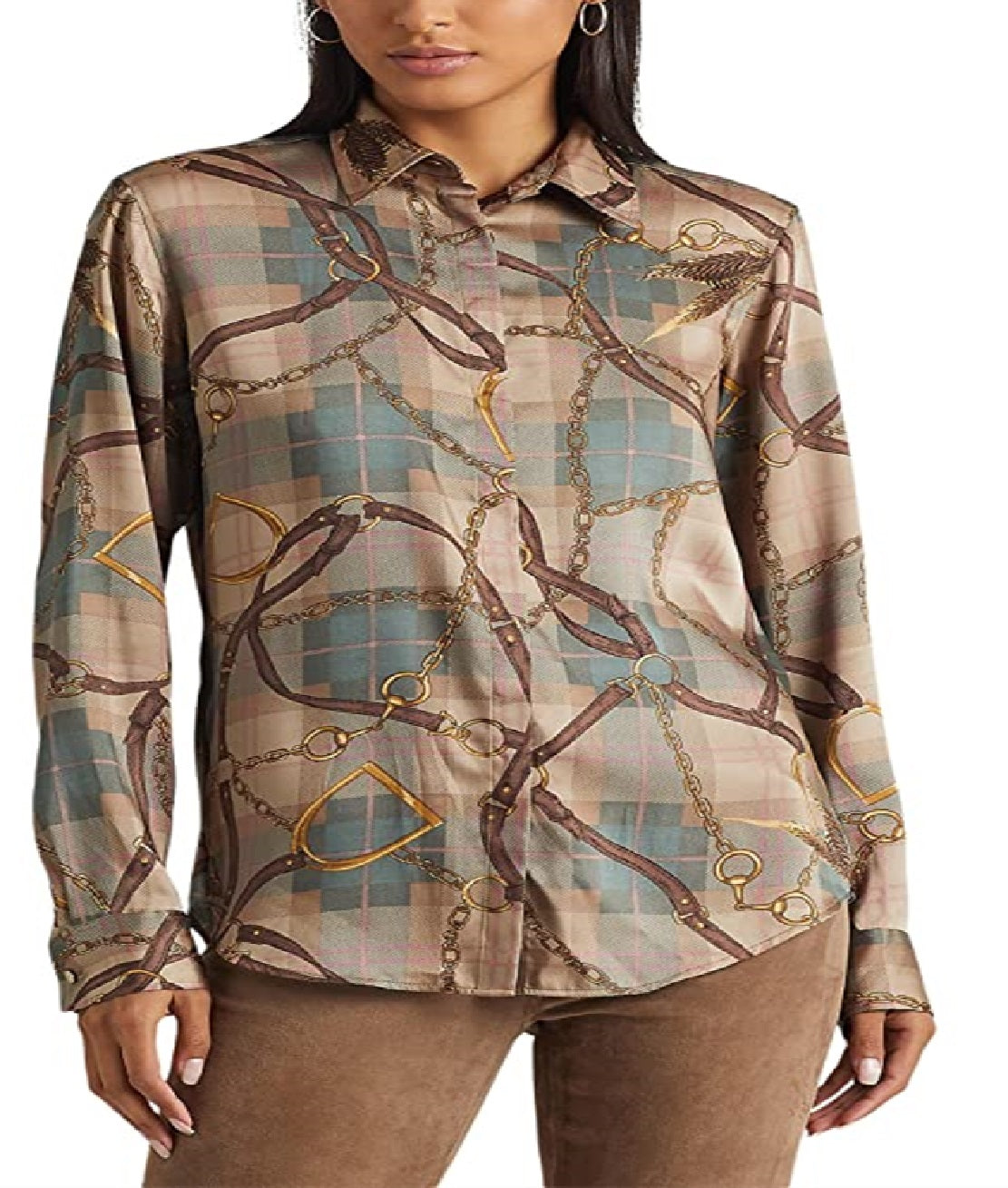Camisa de sarja estampada com cinto xadrez Ralph Lauren feminina, tamanho extragrande, marrom