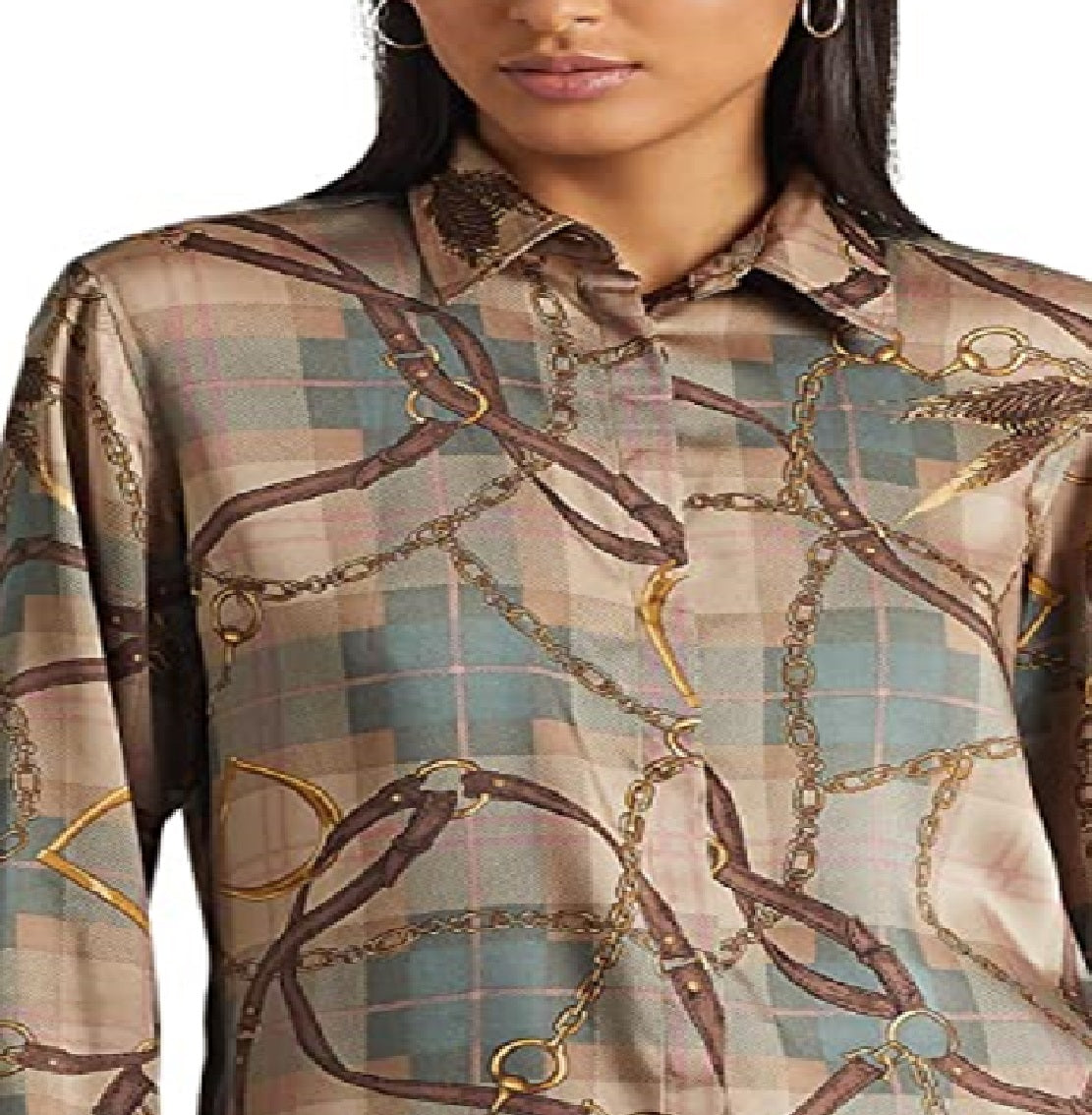 Camisa de sarja estampada com cinto xadrez Ralph Lauren feminina, tamanho extragrande, marrom