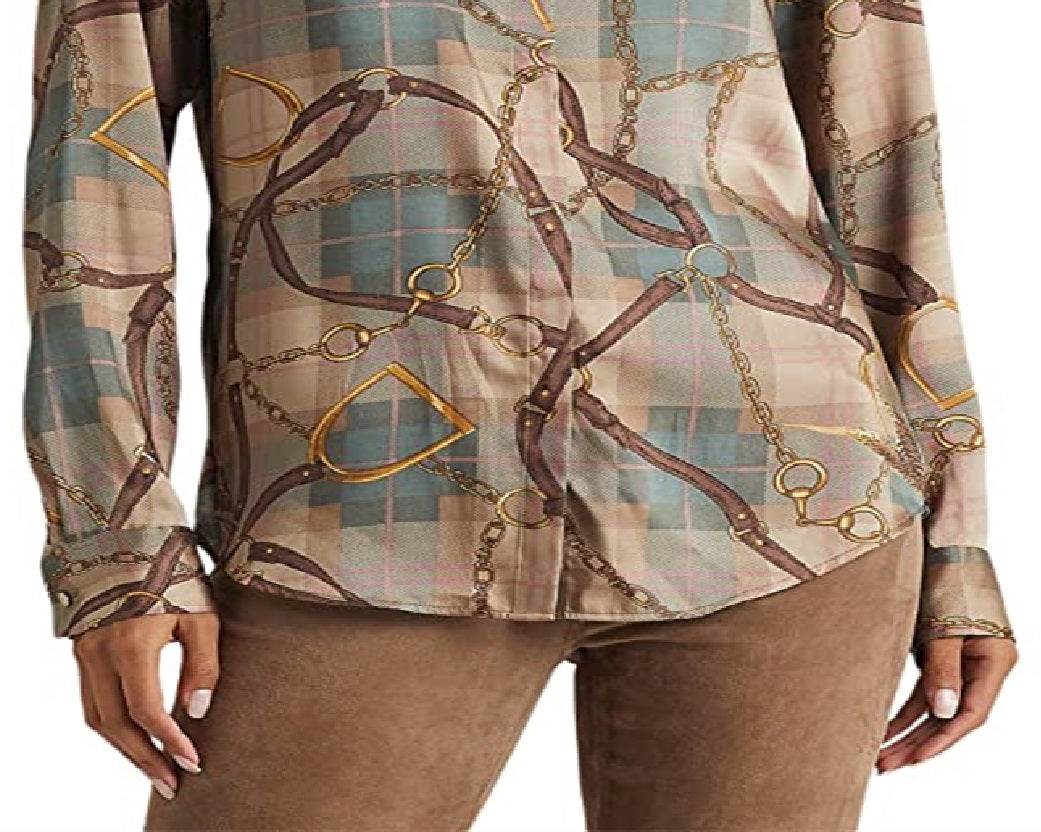 Camisa de sarja estampada com cinto xadrez Ralph Lauren feminina, tamanho extragrande, marrom
