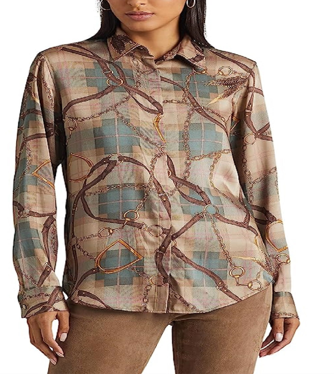 Camisa de sarja estampada com cinto xadrez Ralph Lauren feminina, tamanho XS