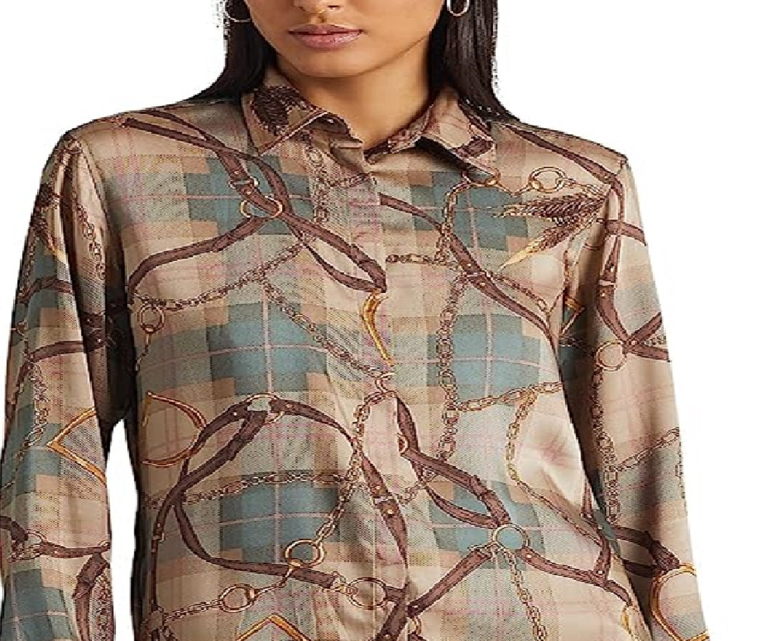 Camisa de sarja estampada com cinto xadrez Ralph Lauren feminina, tamanho XS