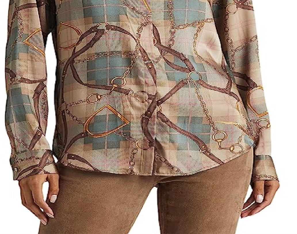 Camisa de sarja estampada com cinto xadrez Ralph Lauren feminina, tamanho XS