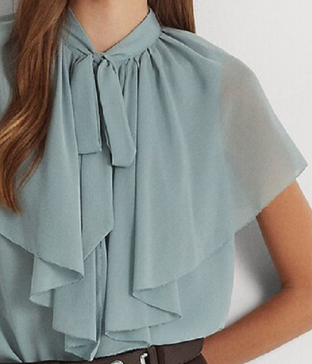Blusa Ralph Lauren Feminina com Decote Amarrado e Georgette Amassado, Azul, Tamanho Médio