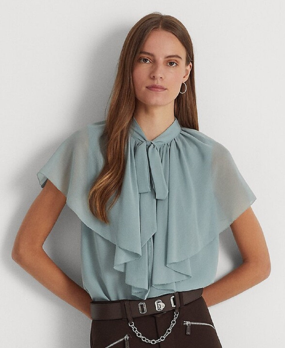 Blusa Ralph Lauren Feminina com Decote Amarrado e Georgette Amassado Azul Tamanho XG