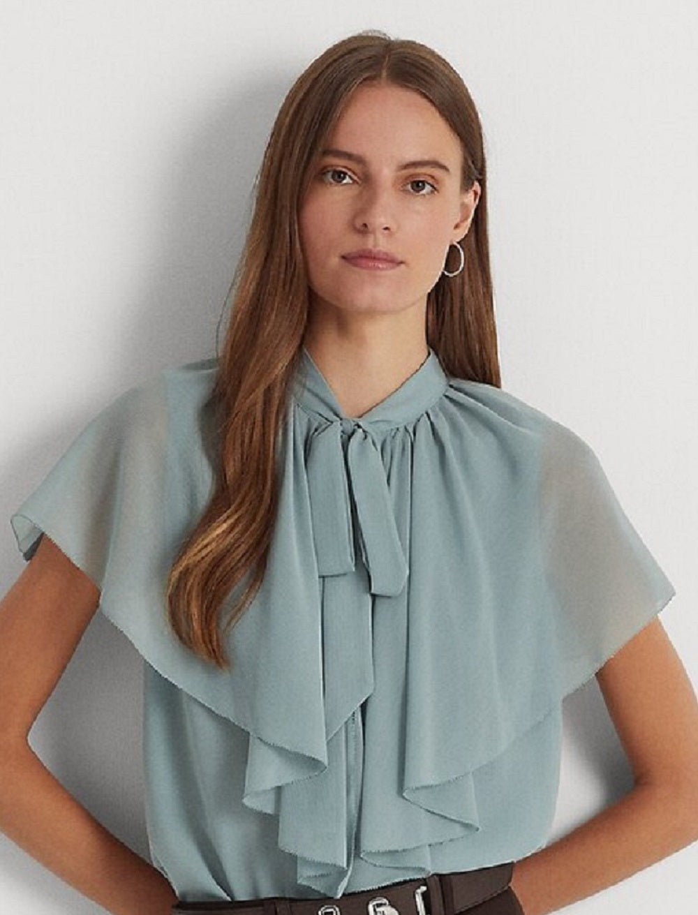 Blusa Ralph Lauren Feminina com Decote Amarrado e Georgette Amassado Azul Tamanho XG