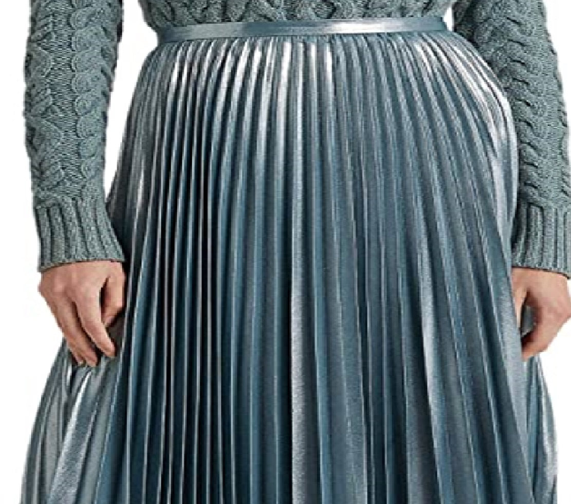 Saia plissada de chiffon metálico Ralph Lauren feminina, azul, tamanho 12