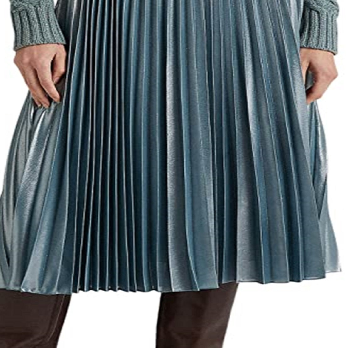 Saia plissada de chiffon metálico Ralph Lauren feminina, azul, tamanho 14