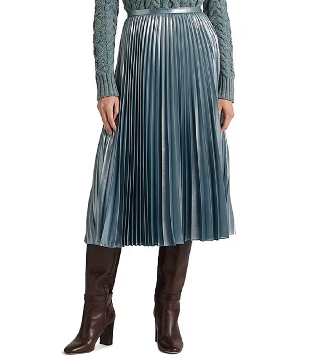 Saia plissada de chiffon metálico Ralph Lauren feminina, azul, tamanho 6