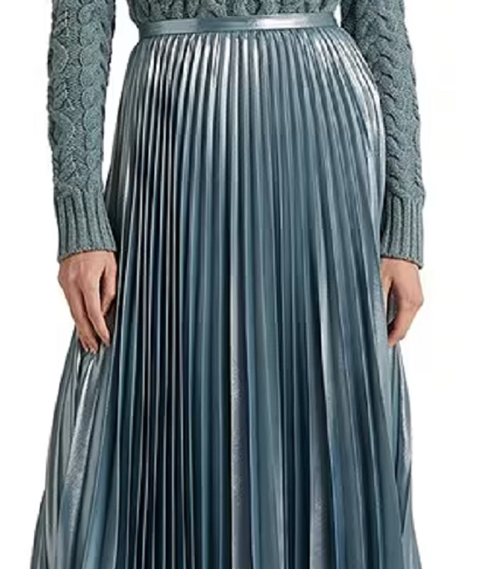 Saia plissada de chiffon metálico Ralph Lauren feminina, azul, tamanho 6