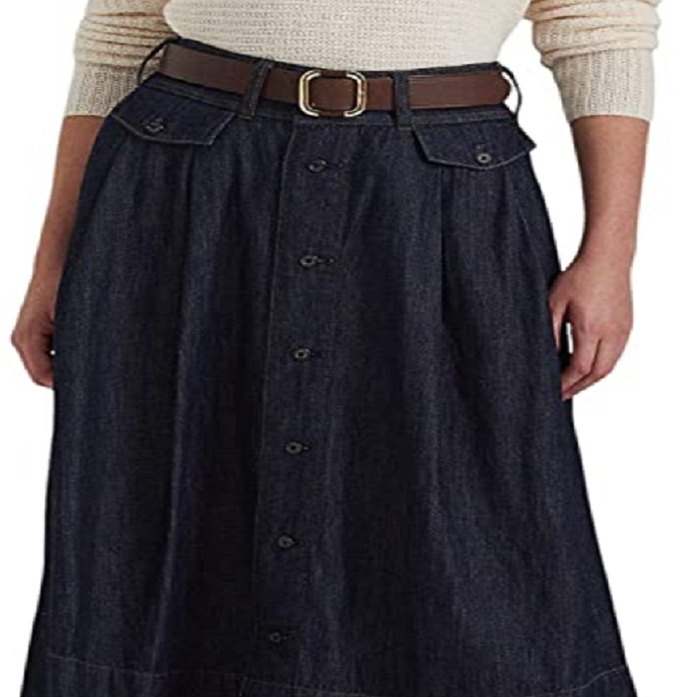 Saia jeans feminina Ralph Lauren com botões frontais, azul, tamanho 14