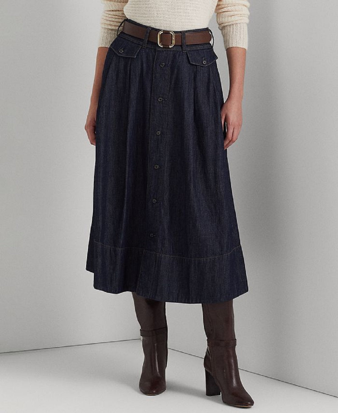 Saia jeans feminina Ralph Lauren com botões frontais, azul, tamanho 16